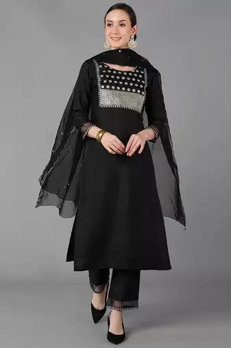 Women black printed poly silk stiched straight kurta trousers suit set