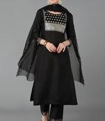 Women black printed poly silk stiched straight kurta trousers suit set
