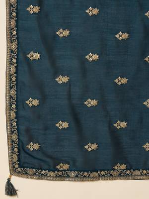 women teal silk blend solid embroidered anarkali kurta trouser with dupatta 6