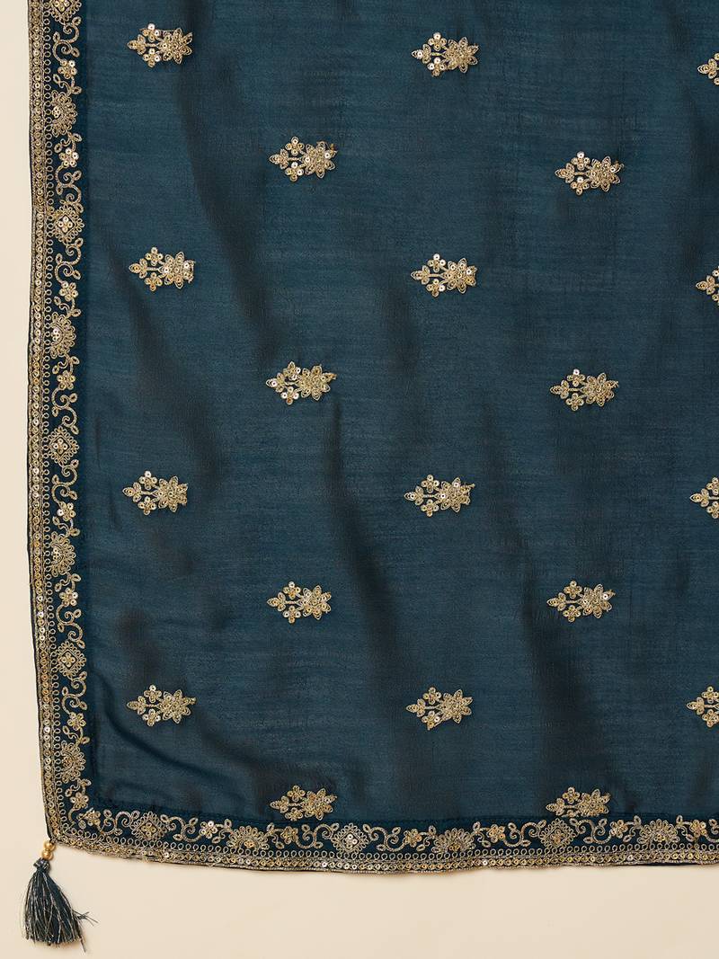 women teal silk blend solid embroidered anarkali kurta trouser with dupatta