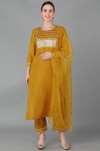Women yellow printed poly silk stiched straight kurta trousers suit set