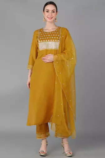 Women yellow printed poly silk stiched straight kurta trousers suit set