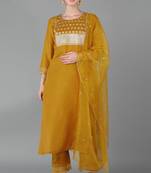 Women yellow printed poly silk stiched straight kurta trousers suit set