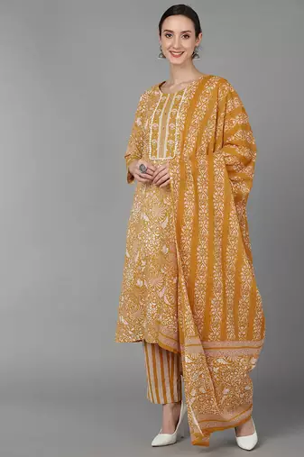 Women yellow printed pure cotton  stiched straight kurta trousers suit set