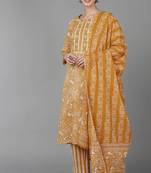 Women yellow printed pure cotton  stiched straight kurta trousers suit set