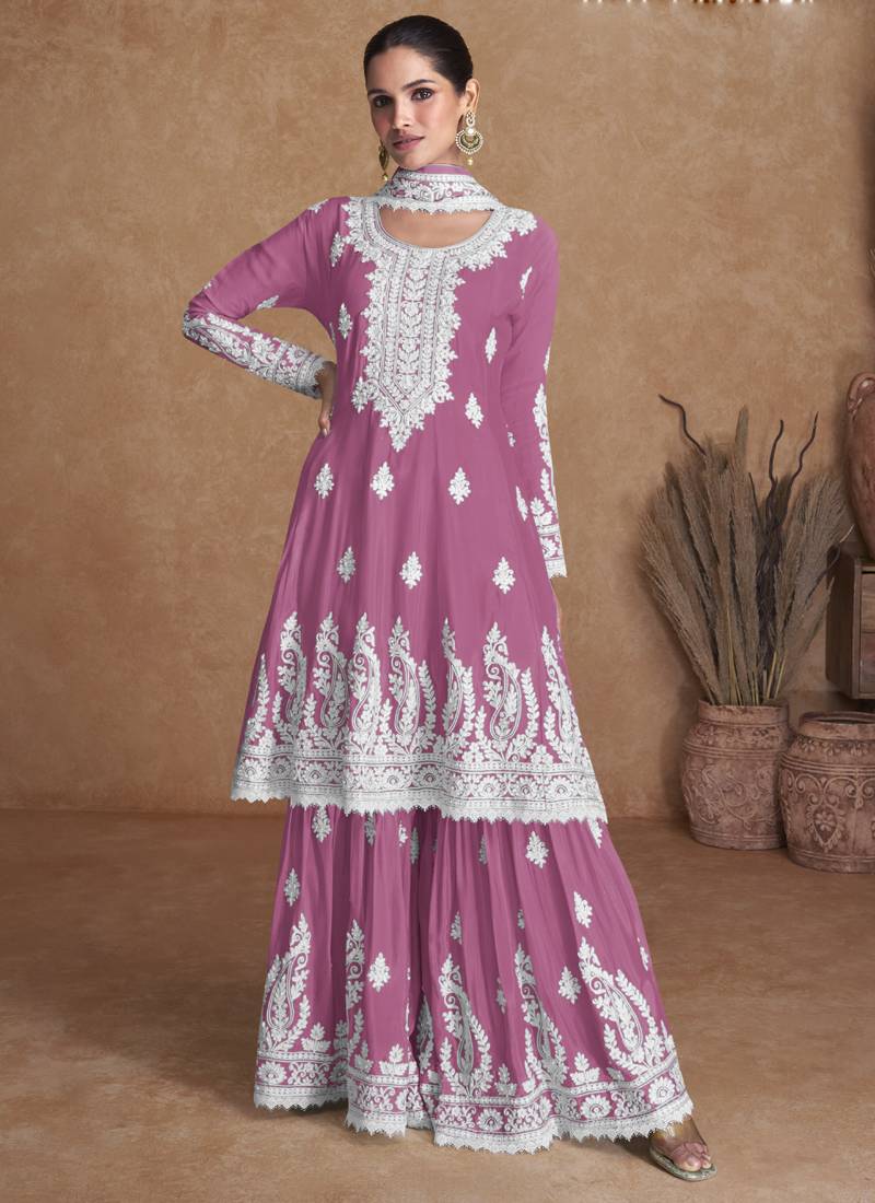 Pink chinon embroidery designer sharara suit
