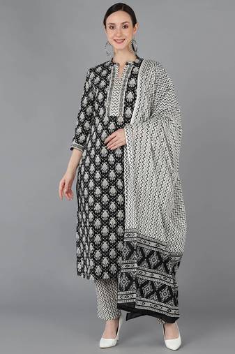 Women black printed rayon stiched straight kurta trousers suit set