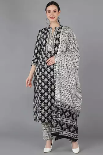Women black printed rayon stiched straight kurta trousers suit set