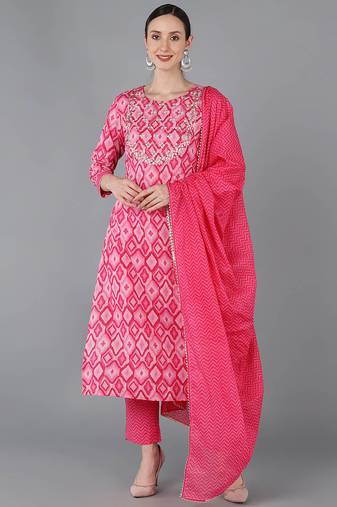 Women pink printed pure cotton  stiched straight kurta trousers suit set