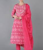 Women pink printed pure cotton  stiched straight kurta trousers suit set