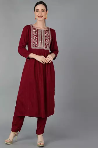 Women red printed silk blend stiched straight kurta palazzo suit set