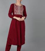 Women red printed silk blend stiched straight kurta palazzo suit set
