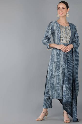 Women grey printed silk blend stiched straight kurta trousers suit set