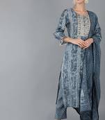 Women grey printed silk blend stiched straight kurta trousers suit set