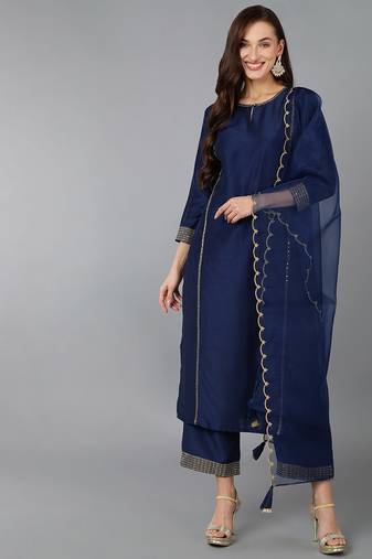 Women blue printed silk blend stiched straight kurta trousers suit set