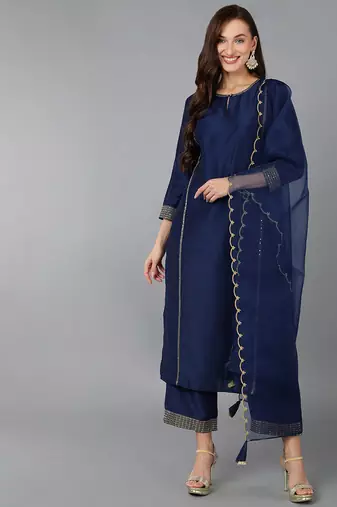 Women blue printed silk blend stiched straight kurta trousers suit set