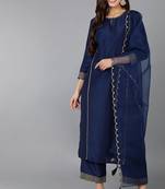 Women blue printed silk blend stiched straight kurta trousers suit set