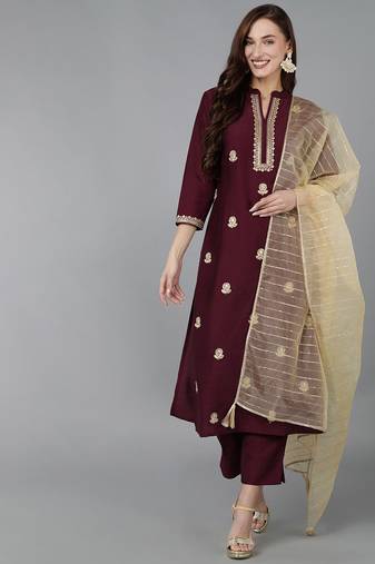 Women magenta embroidered silk blend stiched straight kurta trousers suit set
