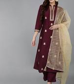 Women magenta embroidered silk blend stiched straight kurta trousers suit set