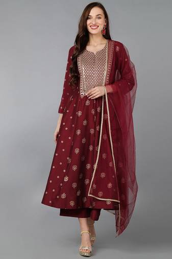 Women red printed silk blend stiched anarkali kurta trousers suit set