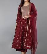 Women red printed silk blend stiched anarkali kurta trousers suit set