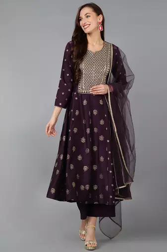 Women purple printed silk blend stiched anarkali kurta palazzo suit set