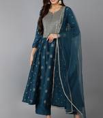 Women green embroidered silk blend stiched anarkali kurta trousers suit set
