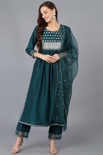 Women green embroidered silk blend stiched a-line kurta trousers suit set