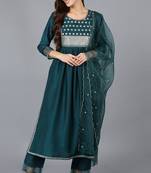 Women green embroidered silk blend stiched a-line kurta trousers suit set