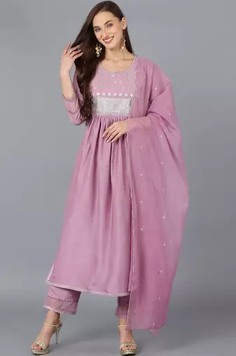 Women purple embroidered silk blend stiched straight kurta trousers suit set