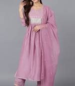 Women purple embroidered silk blend stiched straight kurta trousers suit set