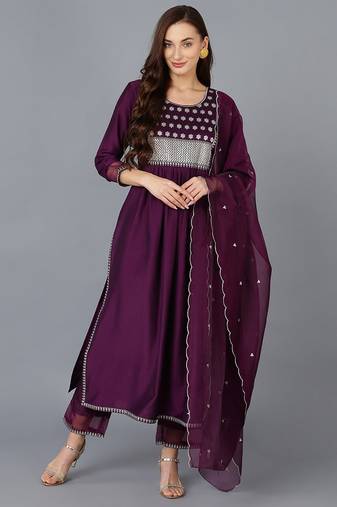 Women purple embroidered silk blend stiched straight kurta trousers suit set