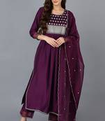 Women purple embroidered silk blend stiched straight kurta trousers suit set