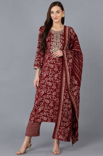Women red printed silk blend stiched straight kurta trousers suit set