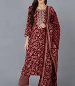 Women red printed silk blend stiched straight kurta trousers suit set