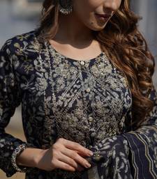 Women blue embroidered silk blend stiched straight kurta trousers suit set