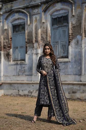 Women blue embroidered silk blend stiched straight kurta trousers suit set