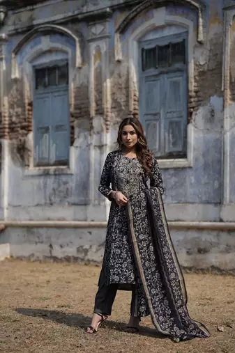 Women blue embroidered silk blend stiched straight kurta trousers suit set