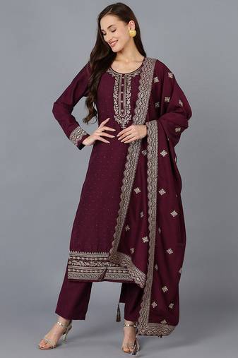 Women purple embroidered silk blend stiched straight kurta trousers suit set
