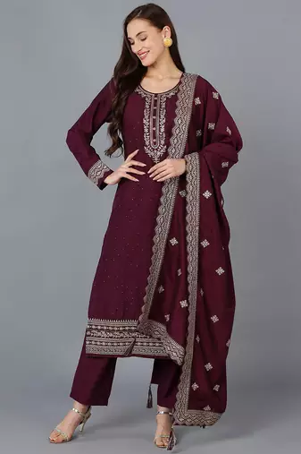 Women purple embroidered silk blend stiched straight kurta trousers suit set