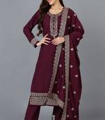 Women purple embroidered silk blend stiched straight kurta trousers suit set