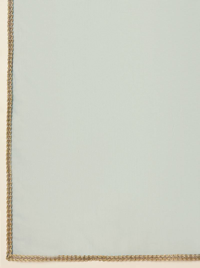 women teal silk blend woven design embroidered anarkali kurta trouser with dupatta