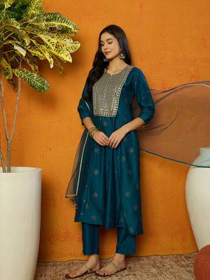women teal silk blend woven design embroidered anarkali kurta trouser with dupatta 7