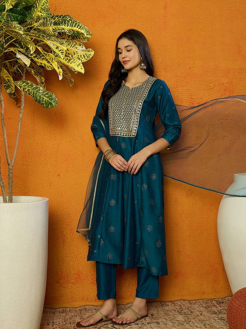 women teal silk blend woven design embroidered anarkali kurta trouser with dupatta