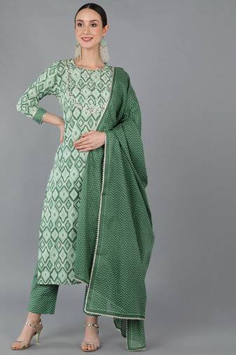 Women green printed pure cotton  stiched straight kurta trousers suit set