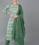 Women green printed pure cotton  stiched straight kurta trousers suit set