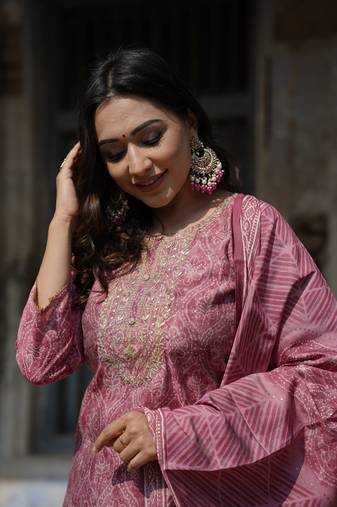 Women pink embroidered silk blend stiched straight kurta trousers suit set