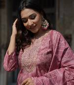 Women pink embroidered silk blend stiched straight kurta trousers suit set