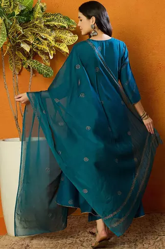 women teal silk blend solid woven design anarkali kurta trouser with dupatta