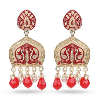 Red and gold peacock dangle earrings 1
